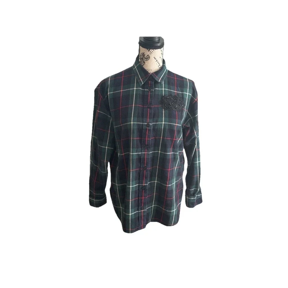 Lauren Ralph Lauren Retro Blouse Size PM Green Plaid Dark Academia Workcore